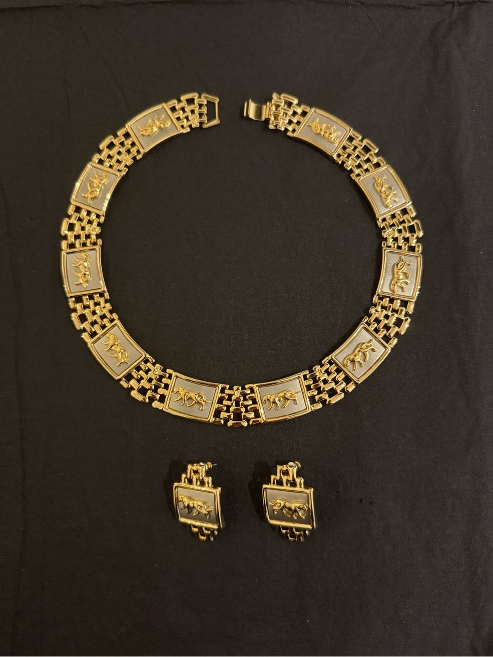 Vintage gold-toned panther motif chunky costume necklace with matching earrings